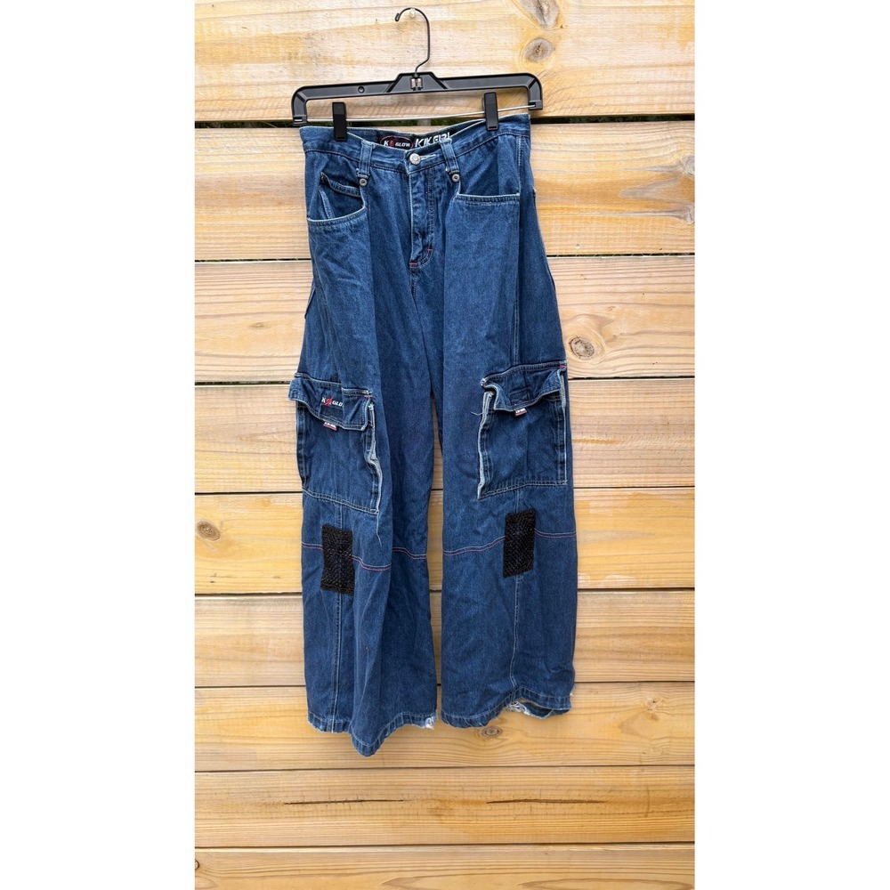 Y2K Rave Kik Girl K-Glow Wide Leg Cargo Jeans Pink Stitching Rave Pants Size 5